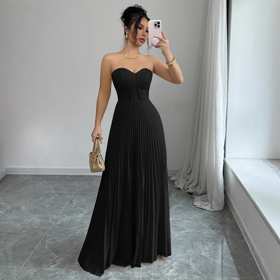 Women's French Tube Top Solid Color Waist Tight Elegant Dress - Image 8