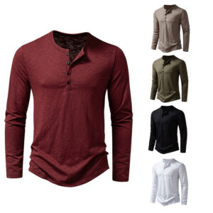 Men's Long-sleeved T-shirt Fashion Casual Solid Color Pullover Button Top Autumn And Spring Clothing
