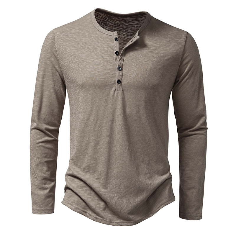 Men's Long-sleeved T-shirt Fashion Casual Solid Color Pullover Button Top Autumn And Spring Clothing - Image 2